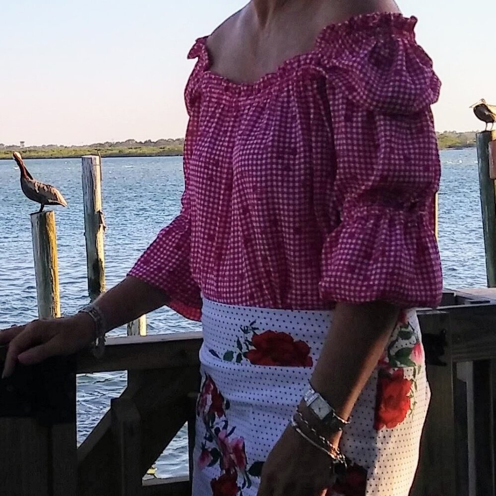Red Gingham Check Blouse "seven forty two", Size M
